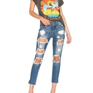GRLFRND Karolina Distressed High Rise Raw Hem Slim Jeans in Moon River Cotton